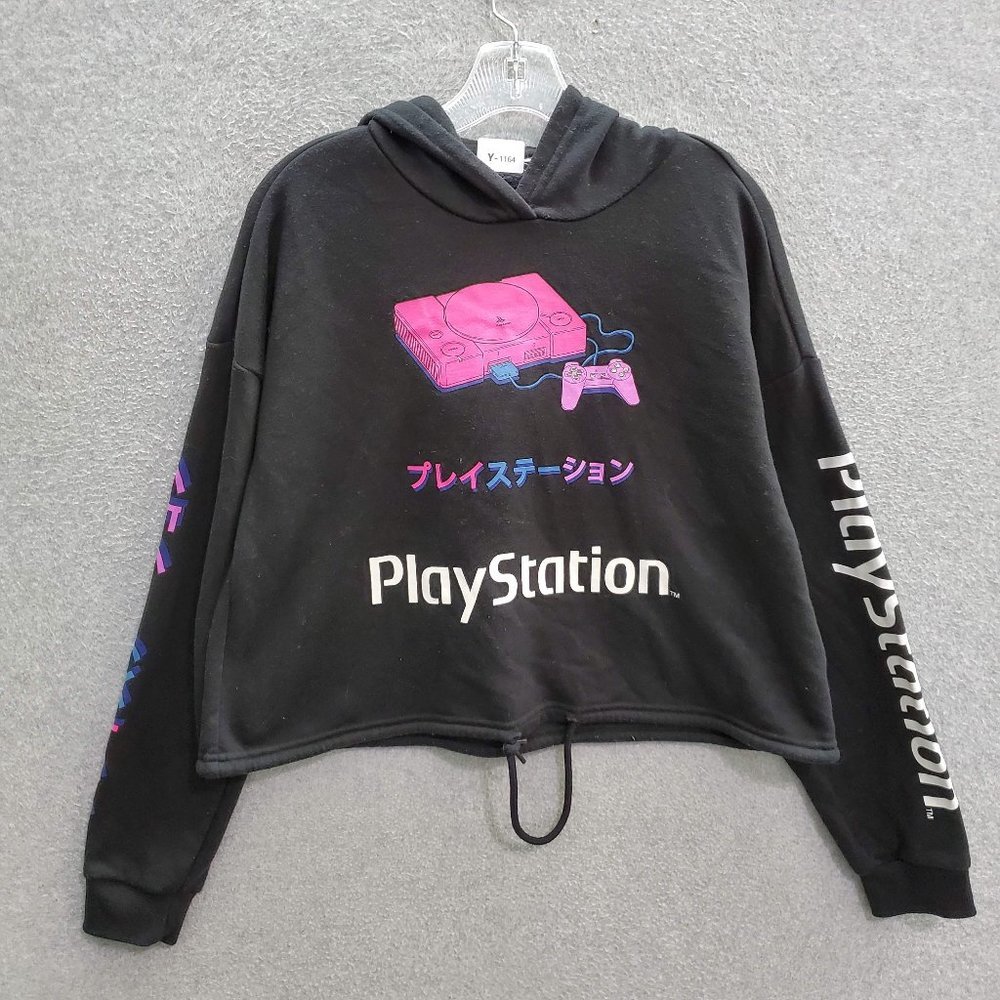 Sony Black Cropped Hoodie with Pink & Purple Console Graphic